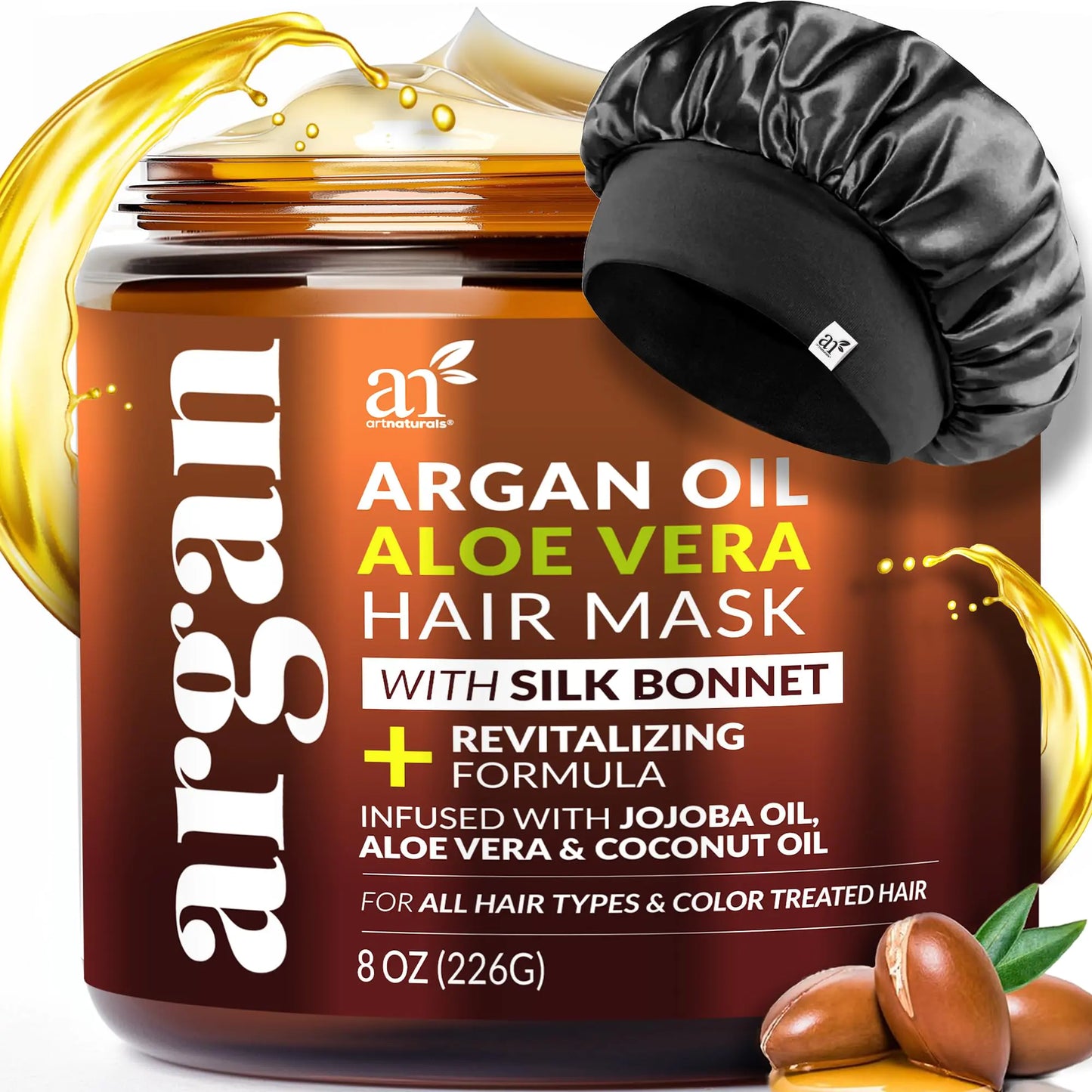 Hair Mask + Silk Bonnet for Sleeping Women Set - Deep Conditioner & Leave-In Conditioner for Dry Damaged Hair - Argan Oil Jojoba Aloe & Keratin - Satin Bonnet for Sleeping Repair & Hydrate (8 oz)