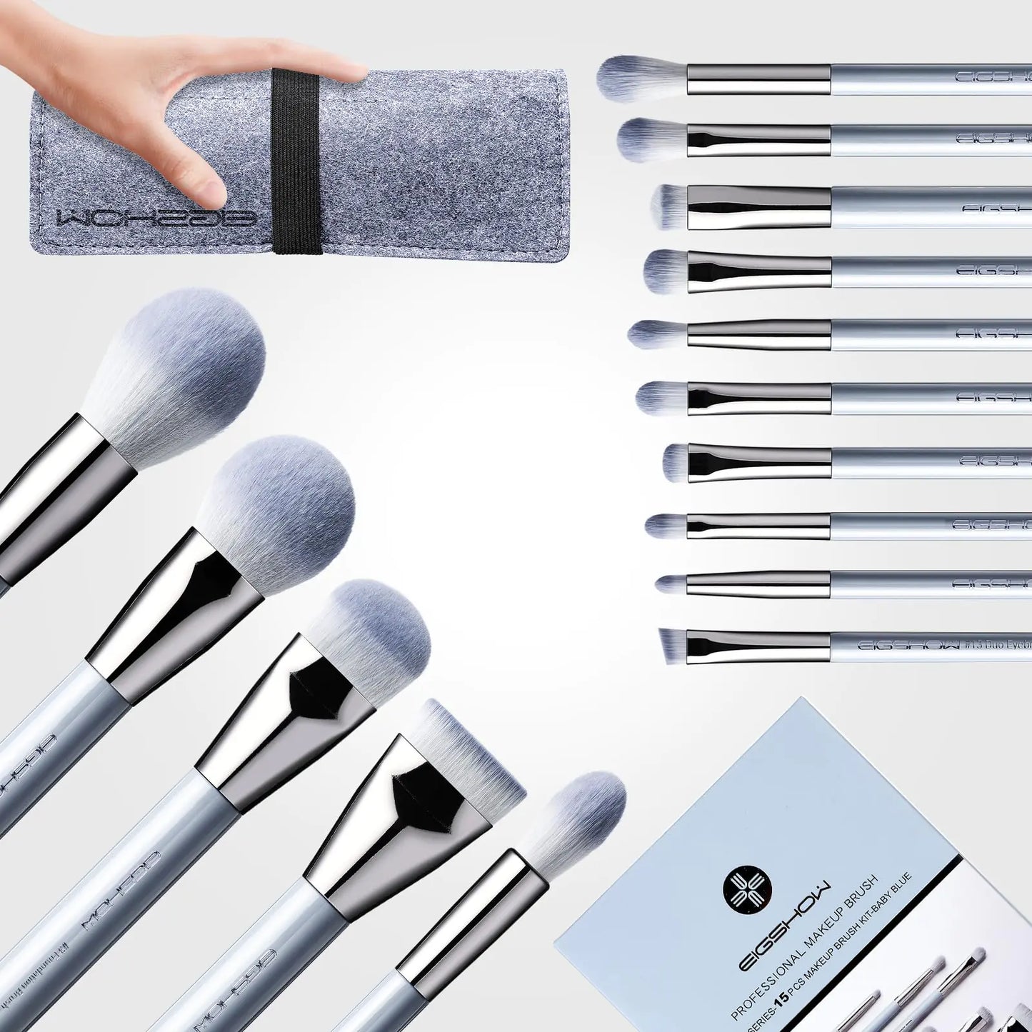 Makeup Brushes EIGSHOW 15pcs Professional Makeup Brush Set With Case Premium Synthetic for Foundation Contour Concealers Blush Eye Shadow (BABYBLUE)