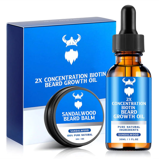 Beard Growth Oil & Beard Balm - Beard Growth Kit with 2X Concentration Biotin for Men Natural Ingredients with Argan Oil Jojoba Oil and Vitamin (Sandalwood)