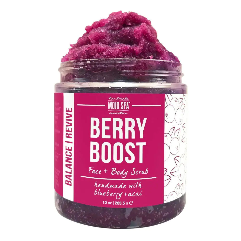 Mojo Spa Berry Boost Superfood Face & Body Scrub | Fruity Berry Scent | Detoxifying Sugar Based Exfoliator | 10 oz