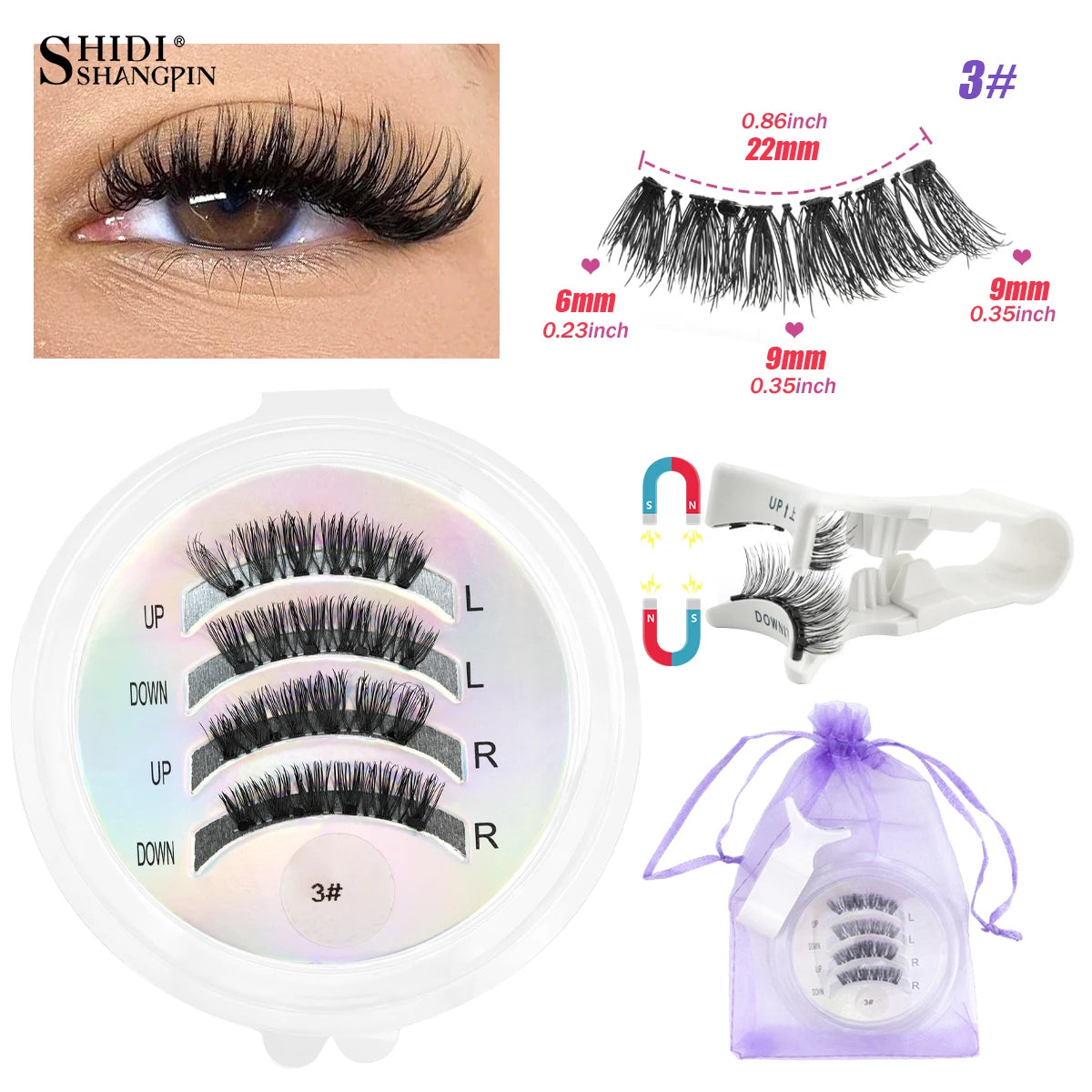 3D Natural Look Magnetic Eyelashes Set with Tweezer Makeup Tools Handmade Magnetic False Eyelash No Glue Needed Faux Mink Lashes