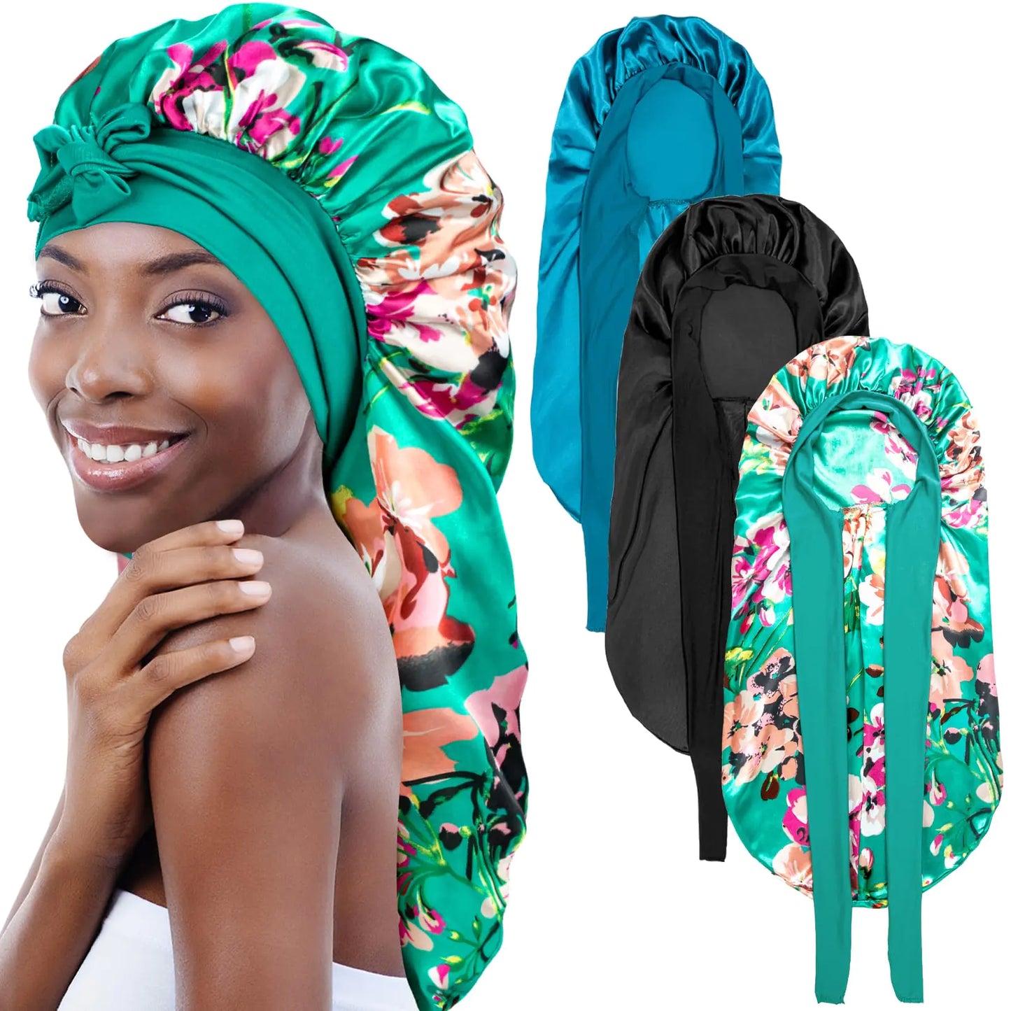 3Pcs Bonnets for Black Women Braid Bonnet Large Long Satin Bonnet for Braids Sleeping Black Women Satin Silk Bonnet (3Pcs-Black&Blue&Flower)